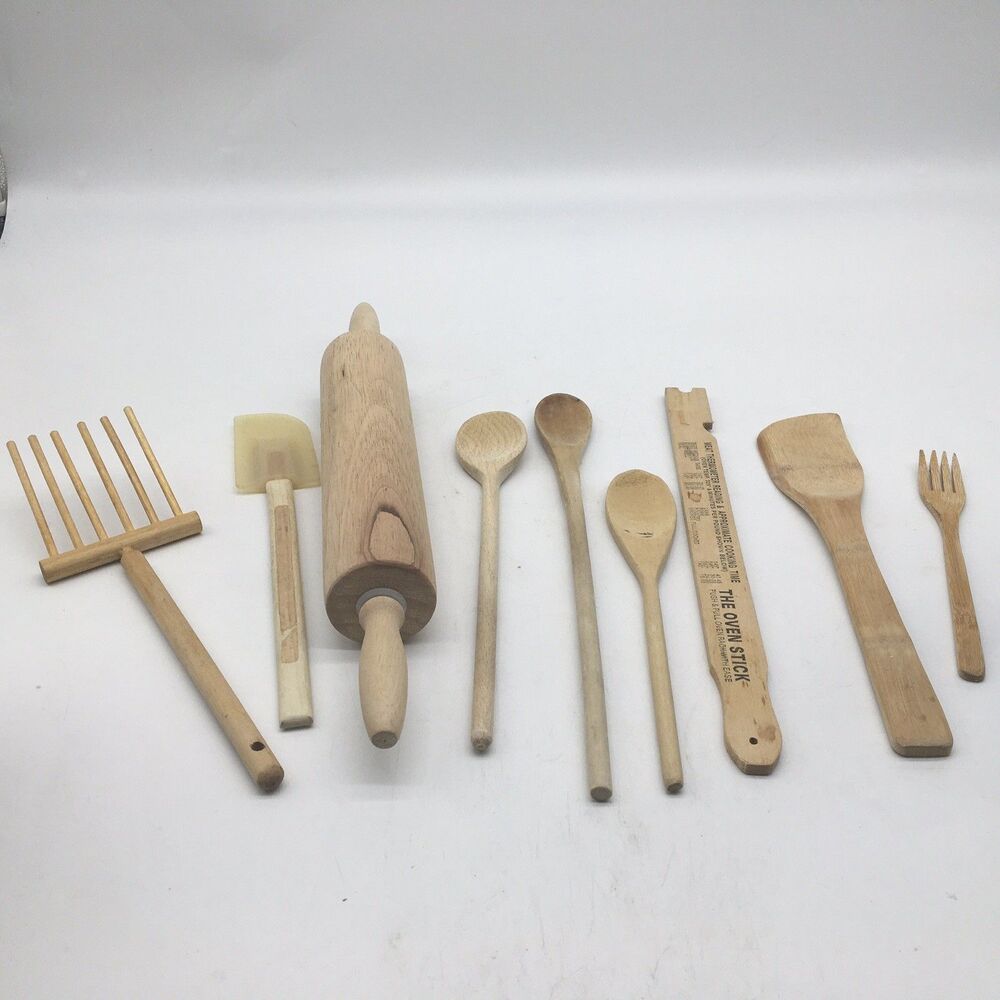 Vtg Lot Of 9 Wooden Kitchen Utensils Fork Wooden spoon Spatula Rolling Pin